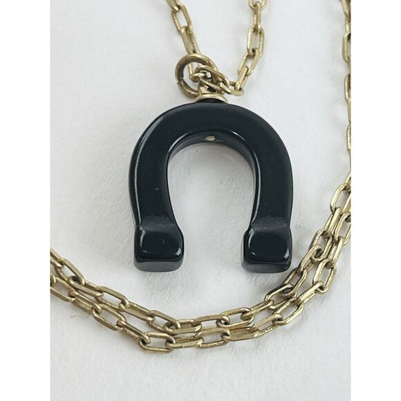 J. Crew Designer Gold Tone Horseshoe Black Pendant Necklace 27” Hoof Brass Tone - Picture 14 of 16